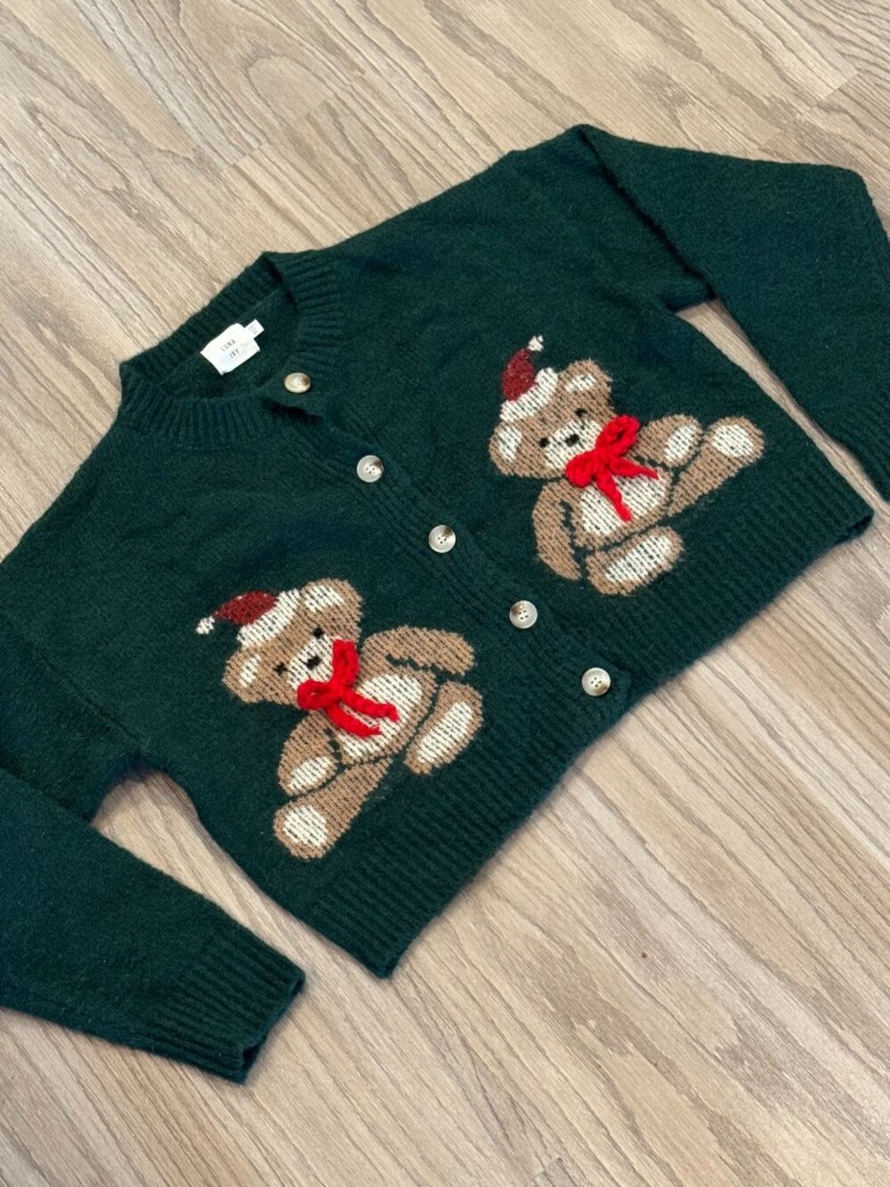 Luna IVY Teddy Bear Christmas Cardigan Sweater Green Button Front Holiday XS
